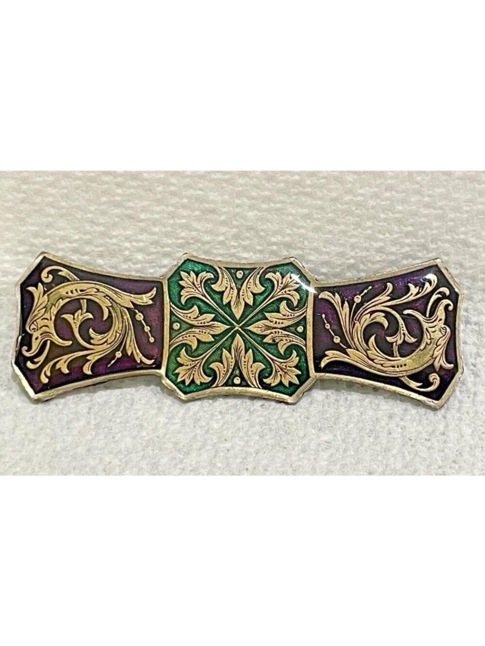 Vintage Catherine Popesco France Enamel Bar Brooch Purple Green Revival Stamped